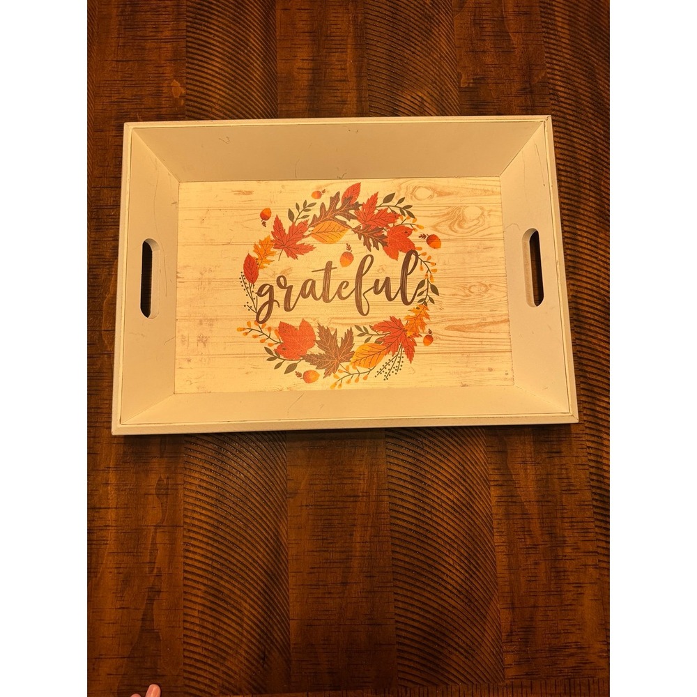 Grateful Fall Decor Tray White Wood Autumn Leaf Wreath 18x12.5 Serving Tray